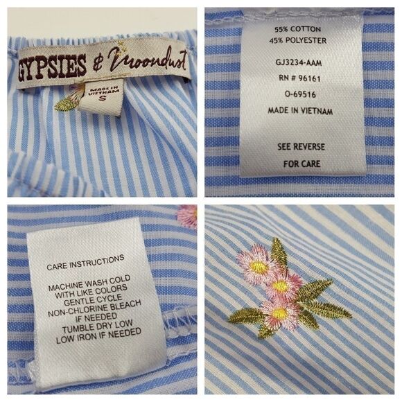 𝅺Gypsies & Moondust Blue & White Stripe Floral Embroidered Bell Sleeve  Top - Picture 8 of 8